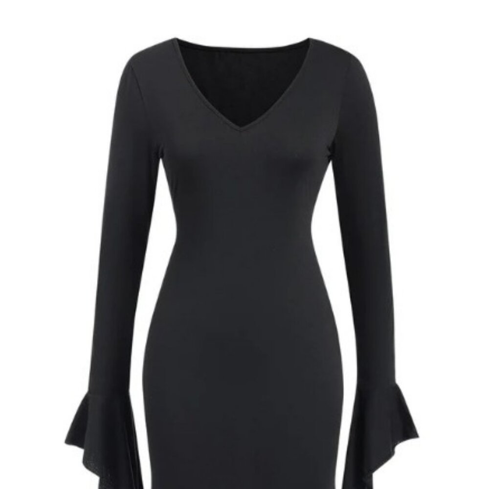 Retro Stage Black 1930s Sold Batwing Cuffs Fishtail Dress - Black / M